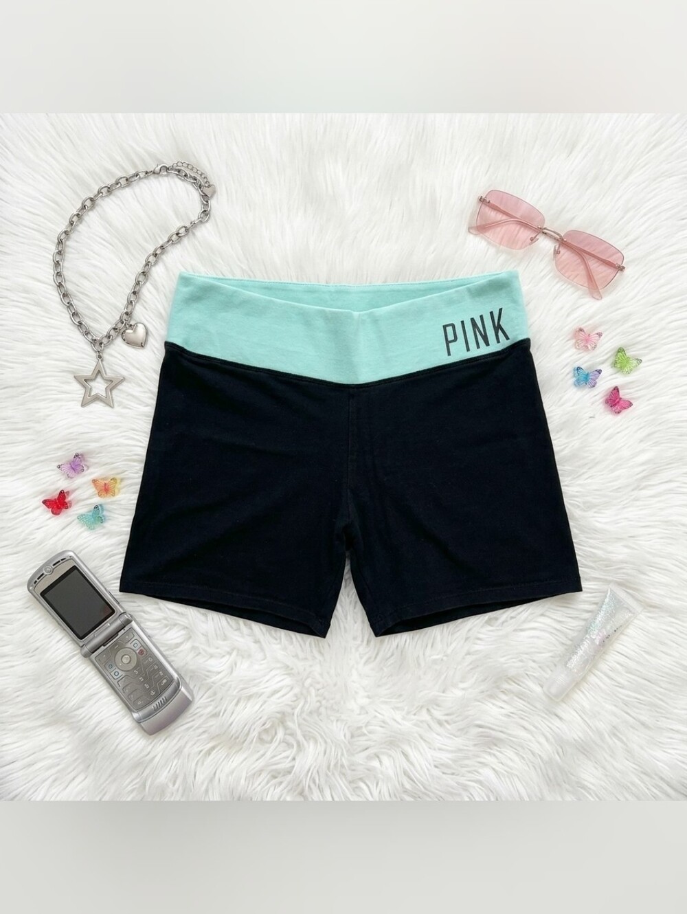 Vintage Y2K Victoria’s Secret PINK Foldover Yoga Bike Shorts M Mint Teal / Black